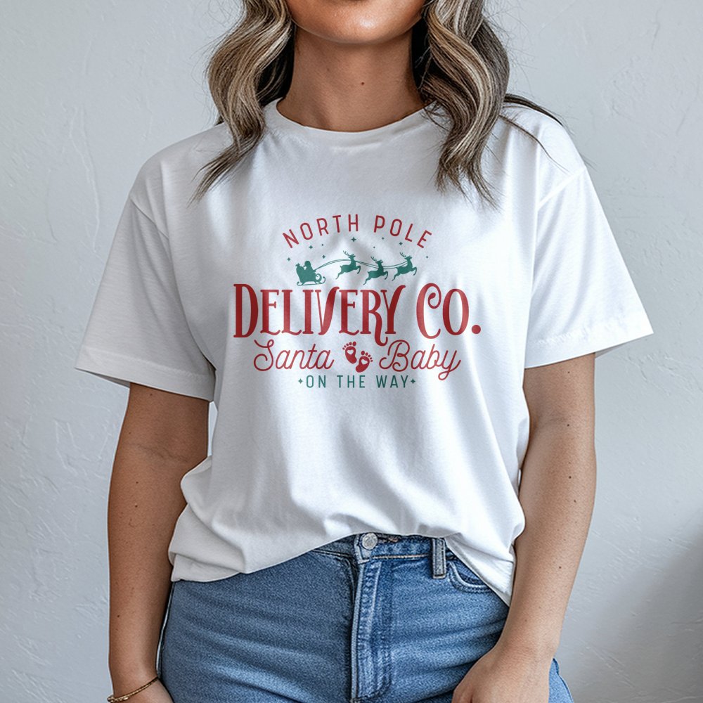 North Pole Delivery Co. T-Shirt | Santa Baby Pregnancy Announcement | Soft Cotton Christmas Tee | Expecting Parents Holiday G