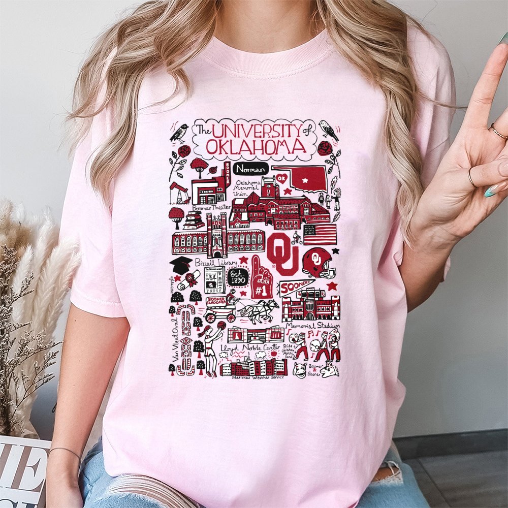 University Of Oklahoma T-Shirt | OU Campus Landmarks Graphic Art | 100% Cotton Premium Tee | Sooner Fans Gift For Alumni And 