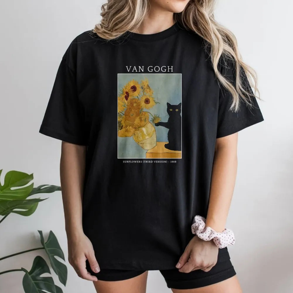 Van Gogh Cat T-Shirt | Funny Black Cat Sunflowers Painting | Soft Cotton Artist Tee | Gift for Art History Lover