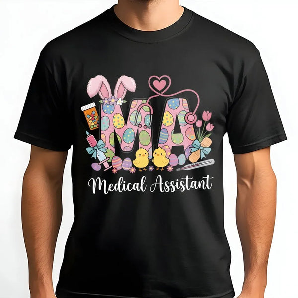 Medical Assistant Easter T-Shirt | Bunny Ears Graphic Design | 100% Soft Cotton | Cute Healthcare Worker Holiday Gift