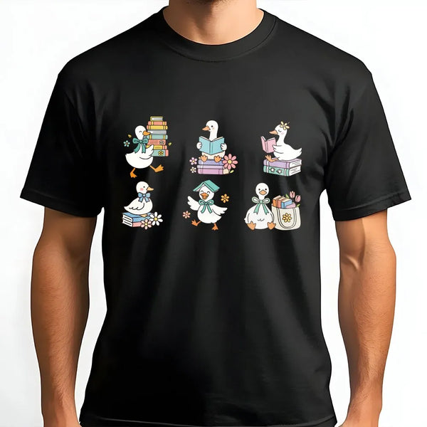 Reading Duck T-Shirt | Cute Bookworm Library Graphic | Soft Cotton Tee | Librarian Teacher Gift for Book Lovers