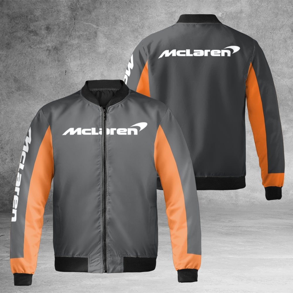 McLaren F1 Racing Bomber Jacket | Papaya Orange and Grey Streetwear | Durable Nylon Construction | Gift for Motorsport Formul