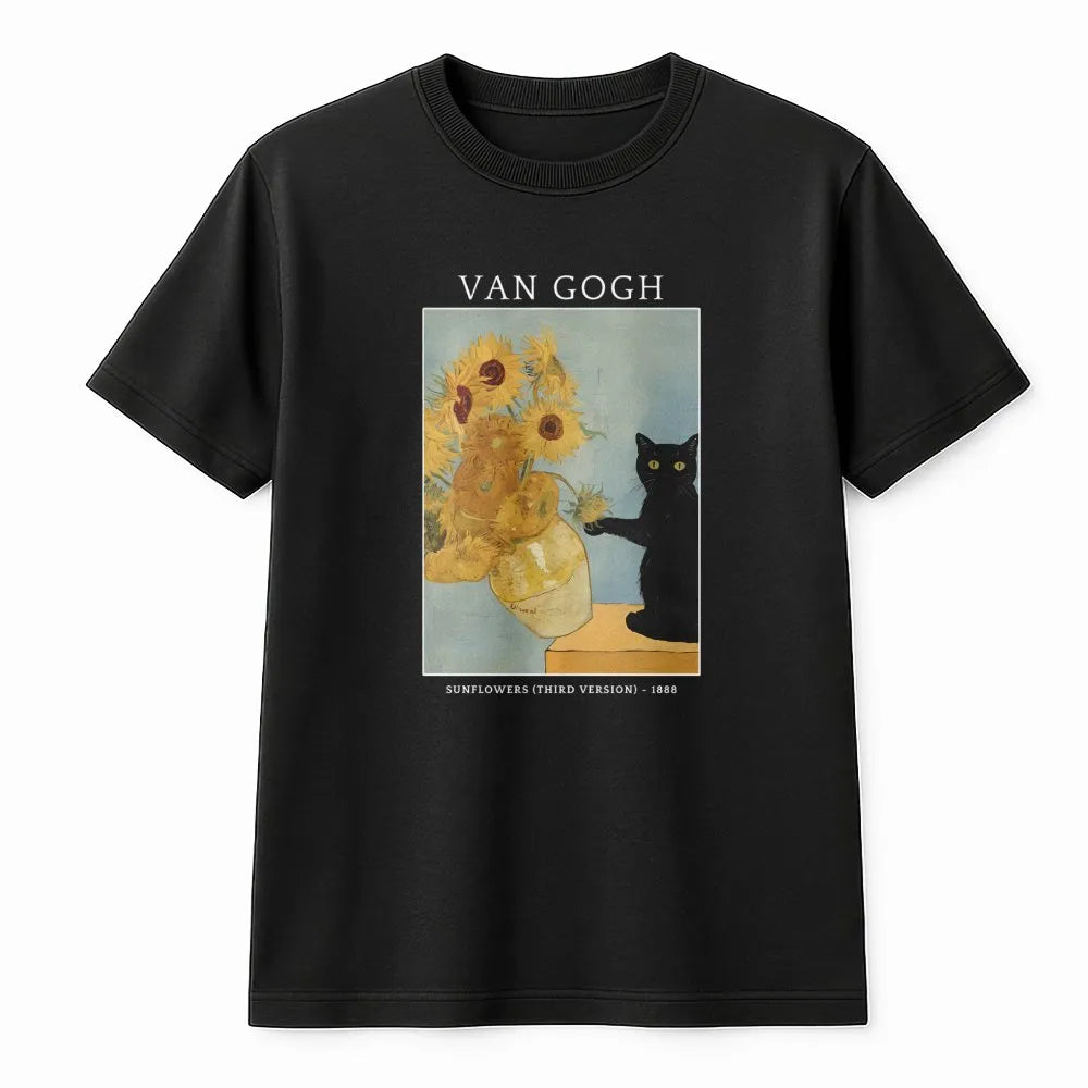 Van Gogh Cat T-Shirt | Funny Black Cat Sunflowers Painting | Soft Cotton Artist Tee | Gift for Art History Lover