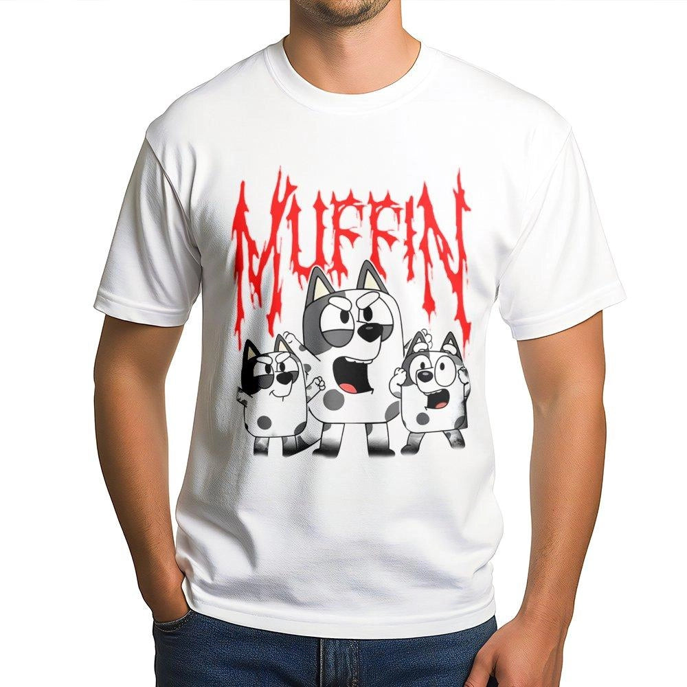 Cartoon Dog Graphic T-Shirt | Heavy Metal Muffin Band Style | Premium Cotton Apparel | Gift For Animation Fans And Cartoon Lo