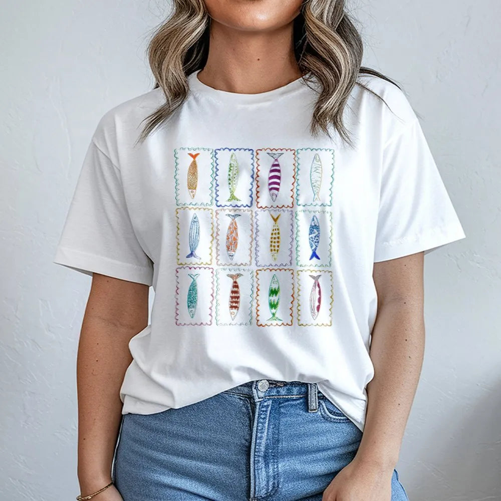 Sardine Fish T-Shirt | Colorful Fish Stamp Collector Graphic | Soft Cotton-Blend Pullover | Gift for Ocean Lover
