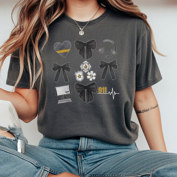 911 Dispatcher T-Shirt | Bow and Emergency Service Icon Graphic | 100% Soft Cotton Tee | Perfect Dispatcher Appreciation Gift
