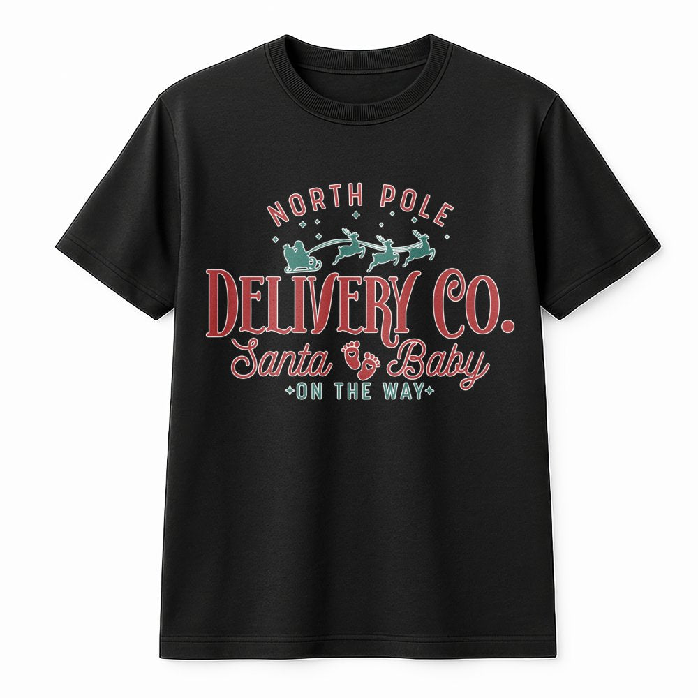 North Pole Delivery Co. T-Shirt | Santa Baby Pregnancy Announcement | Soft Cotton Christmas Tee | Expecting Parents Holiday G