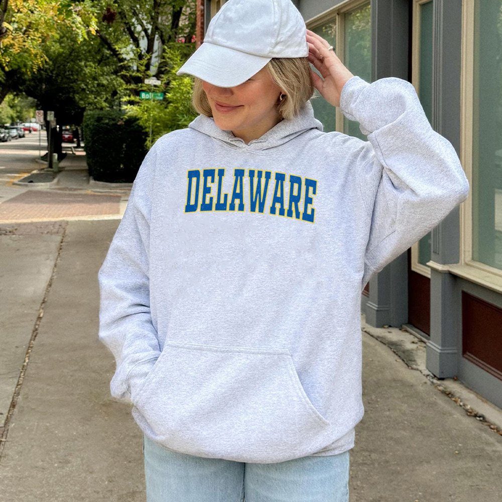 Delaware Hoodie | Vintage Collegiate Arch Style | Cotton-Poly Premium Blend | Gift For Delaware Students & Alumni