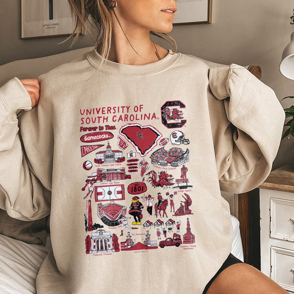 University Of South Carolina Sweatshirt | Gamecocks Campus Landmarks Illustration | Premium Cotton Blend Crewneck | Gift For 