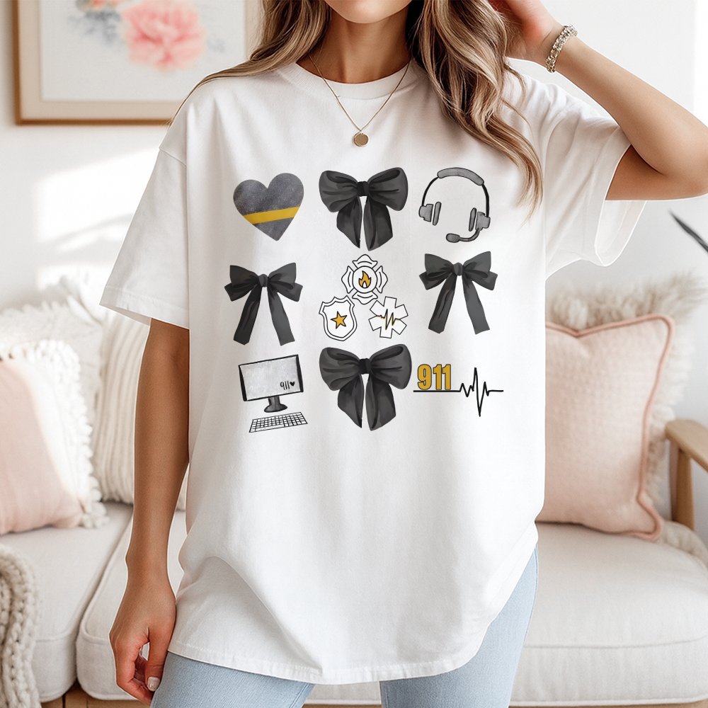 911 Dispatcher T-Shirt | Bow and Emergency Service Icon Graphic | 100% Soft Cotton Tee | Perfect Dispatcher Appreciation Gift