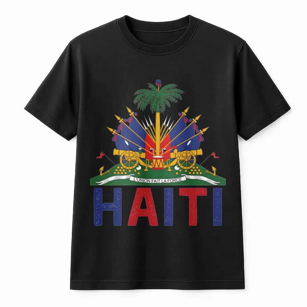 Haitian Pride T-Shirt | Vintage Haiti Coat of Arms Graphic | Soft 100% Cotton | Freedom Began With Us Patriotic Gift