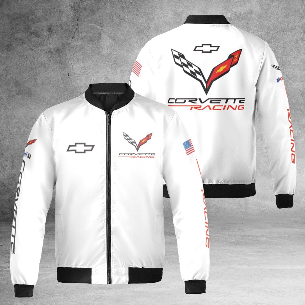 Corvette Racing Bomber Jacket | C8.R Motorsport Logo Print | Durable Nylon Shell | Premium Fan Gear Gift for Car Enthusiasts