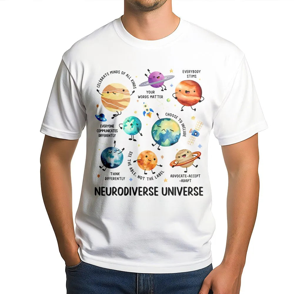Neurodiverse Universe T-Shirt | Cute Space Planet Graphic | Soft Cotton Tee | Gift for Special Education Teacher