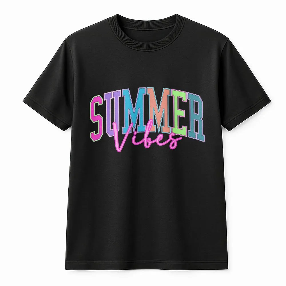 Summer Vibes T-Shirt | Colorful Retro Graphic Pullover | Soft Cotton Blend | Trendy Beach Vacation Gift for Her