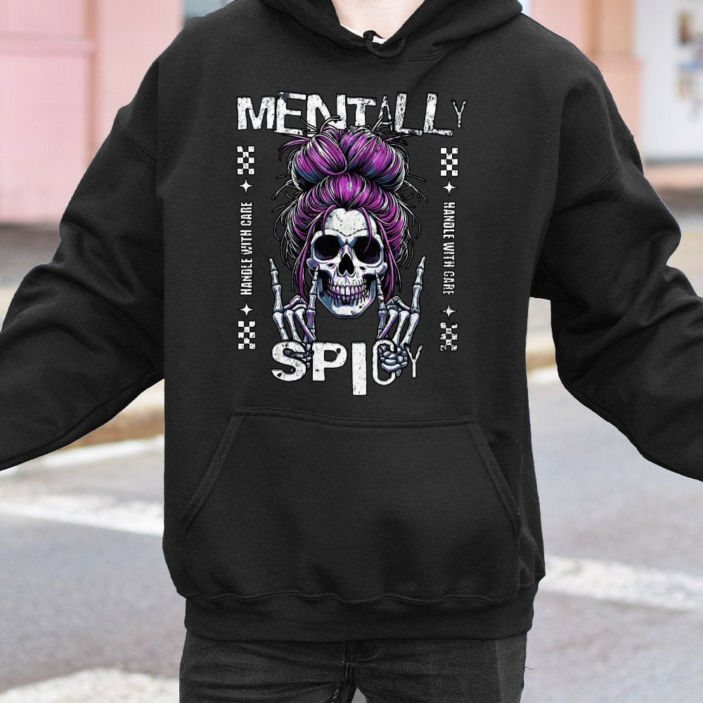 Mentally Spicy Hoodie | Sassy Skull Purple Messy Bun Graphic | Cotton-Polyester Blend | Funny Sarcastic Gift for Women & Teen