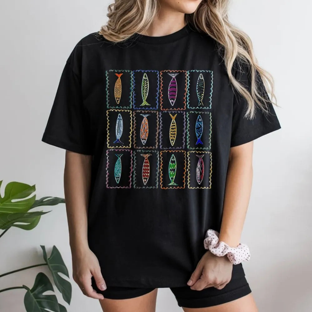 Sardine Fish T-Shirt | Colorful Fish Stamp Collector Graphic | Soft Cotton-Blend Pullover | Gift for Ocean Lover