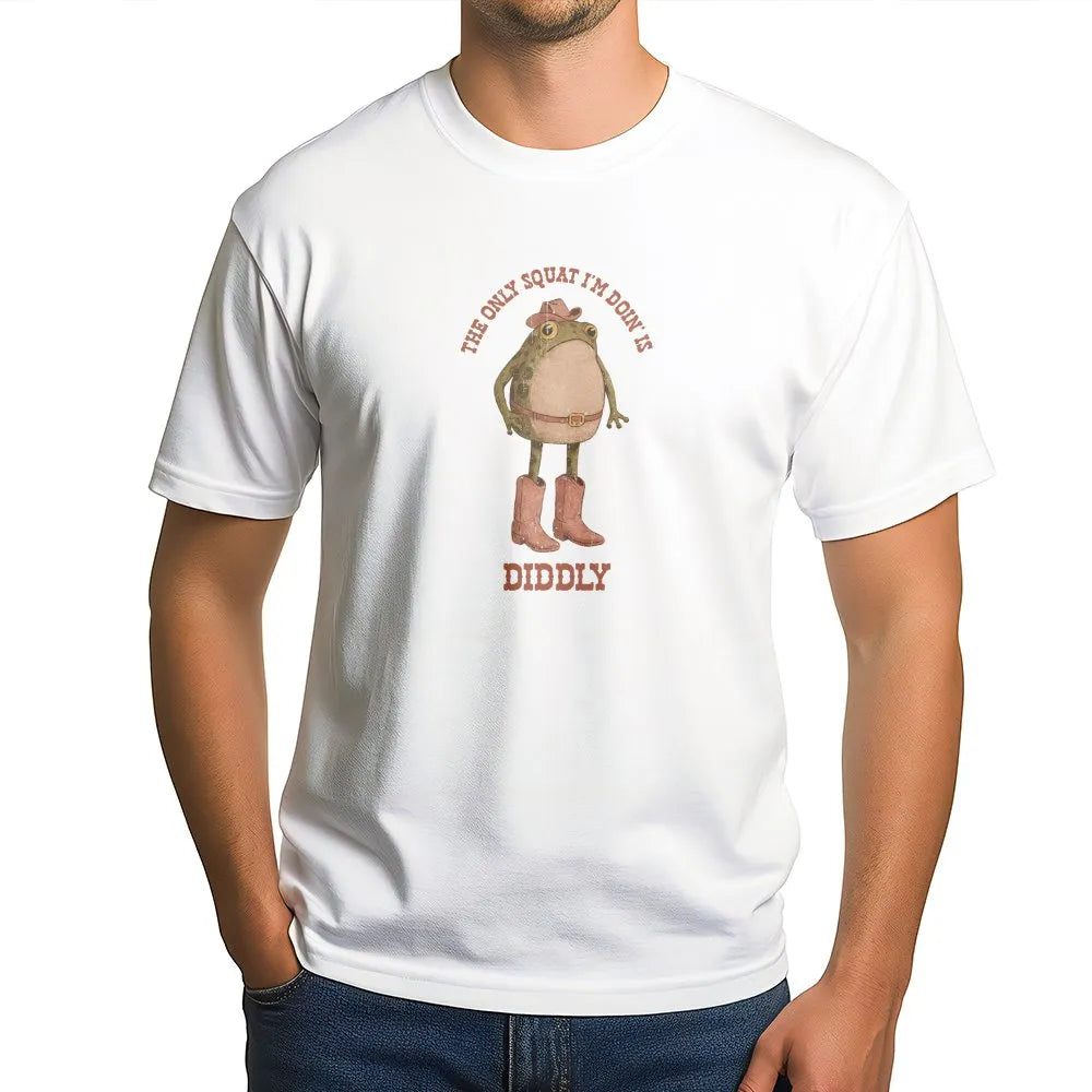 Funny Cowboy Frog T-Shirt | The Only Squat Is Diddly Quote | Soft Graphic Sweatshirt | Sarcastic Western Humor, Lazy Gym Gift