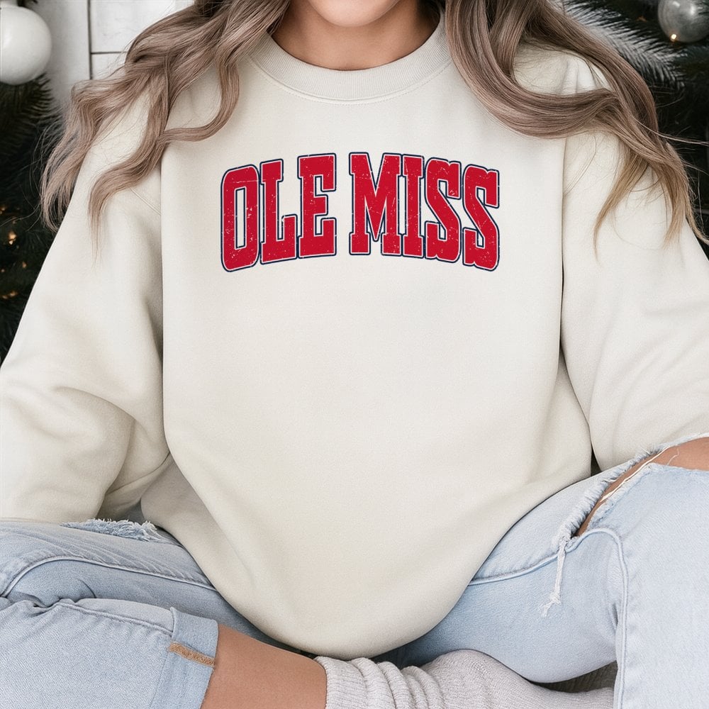 Ole Miss Sweatshirt | Distressed Collegiate Font Graphic Crewneck | Premium Cotton Blend | University Fan Gift Apparel