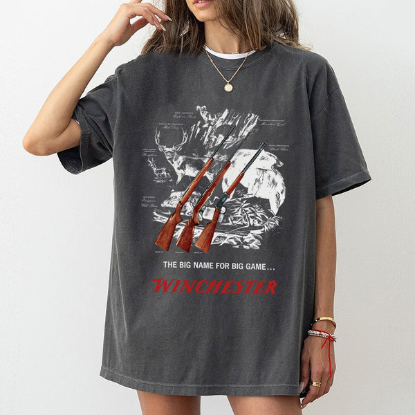 Winchester Big Game T-Shirt | Vintage Wildlife & Rifle Graphic | 100% Cotton Premium Apparel | Outdoor Hunting Gift For Men &