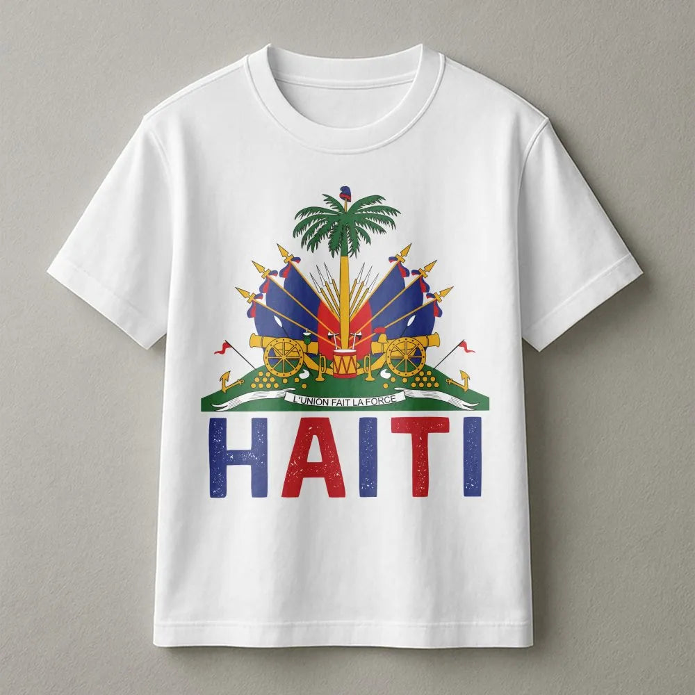 Haitian Pride T-Shirt | Vintage Haiti Coat of Arms Graphic | Soft 100% Cotton | Freedom Began With Us Patriotic Gift