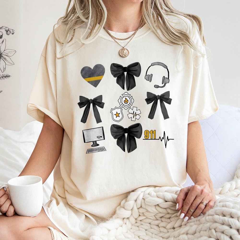 911 Dispatcher T-Shirt | Bow and Emergency Service Icon Graphic | 100% Soft Cotton Tee | Perfect Dispatcher Appreciation Gift