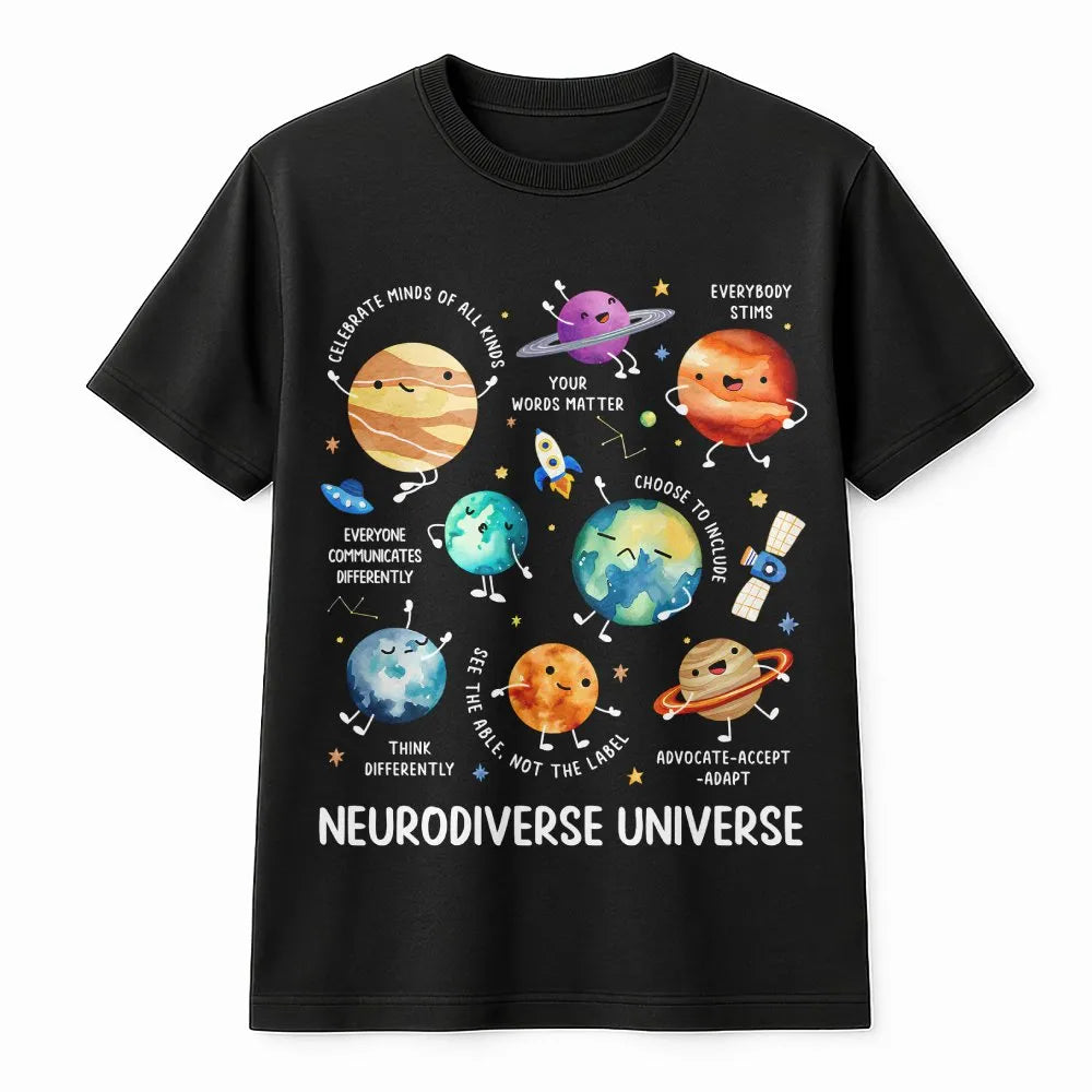 Neurodiverse Universe T-Shirt | Cute Space Planet Graphic | Soft Cotton Tee | Gift for Special Education Teacher