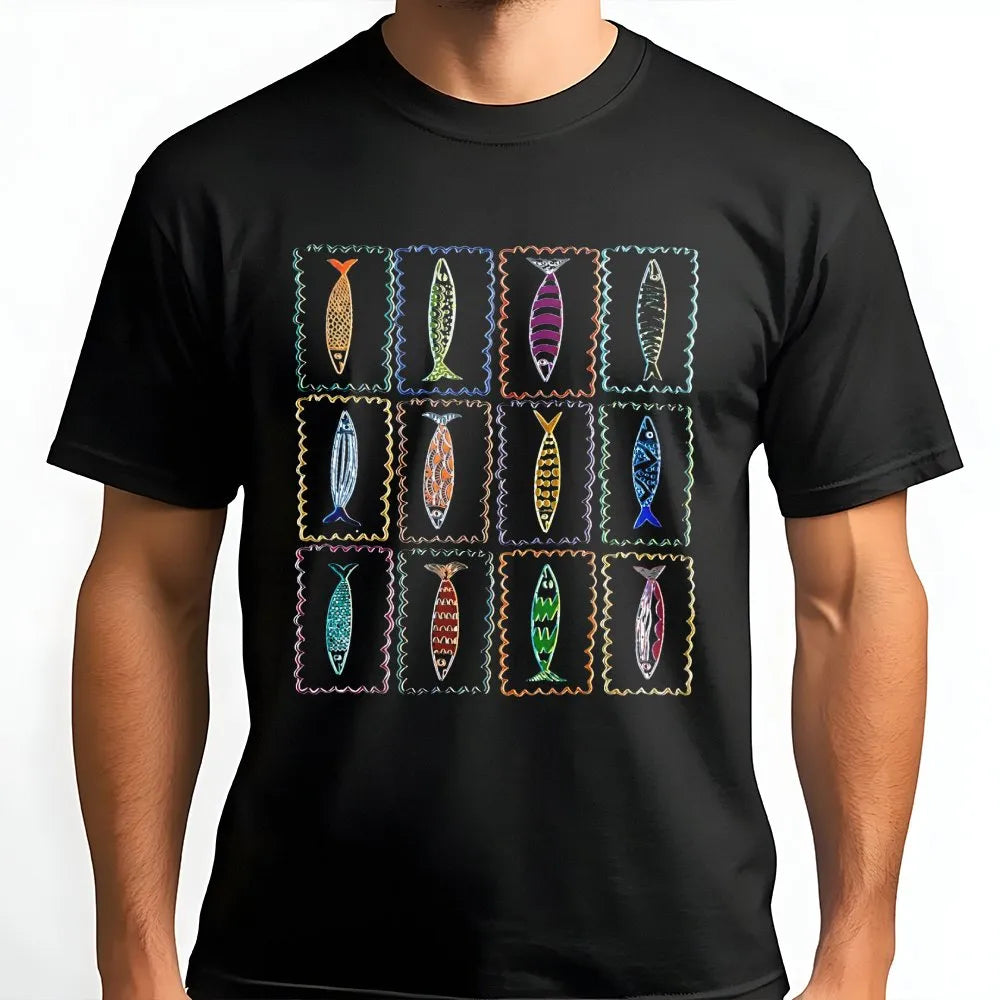 Sardine Fish T-Shirt | Colorful Fish Stamp Collector Graphic | Soft Cotton-Blend Pullover | Gift for Ocean Lover