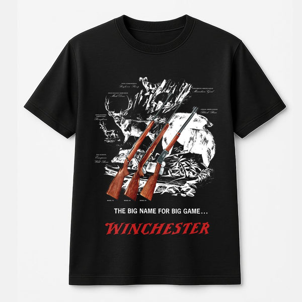 Winchester Big Game T-Shirt | Vintage Wildlife & Rifle Graphic | 100% Cotton Premium Apparel | Outdoor Hunting Gift For Men &