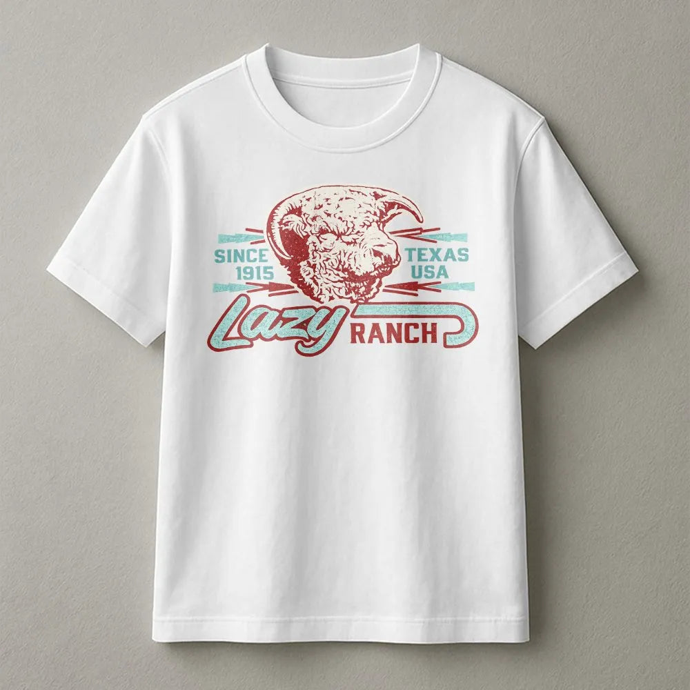 Lazy J Ranch T-Shirt | Vintage Texas Ram Skull Graphic | Soft Cotton Western Wear | Gift for Cowboy or Rancher