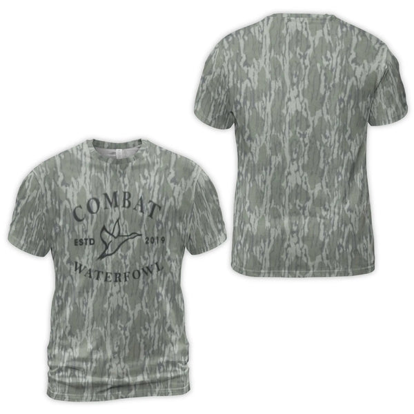 Combat Waterfowl Hunting T-Shirt | Flying Duck Logo Camo Print | Premium Poly-Spandex Blend | Gift for Outdoorsmen and Duck H