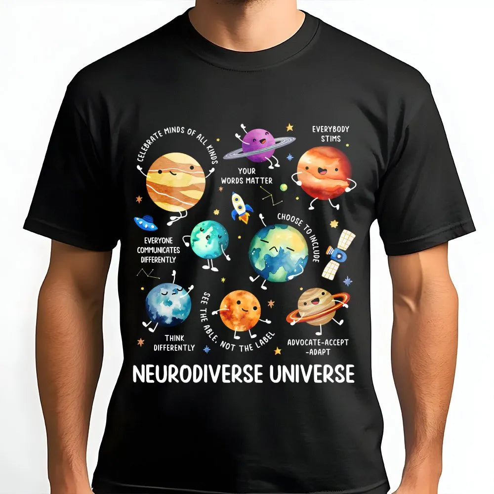 Neurodiverse Universe T-Shirt | Cute Space Planet Graphic | Soft Cotton Tee | Gift for Special Education Teacher