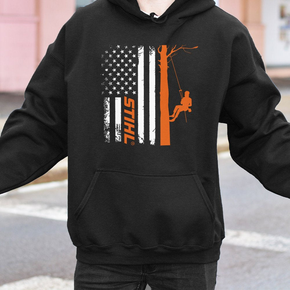 Arborist Tree Climber Hoodie | American Flag Logger Graphic | Premium Cotton-Poly Blend | Gift for Professional Tree Surgeons