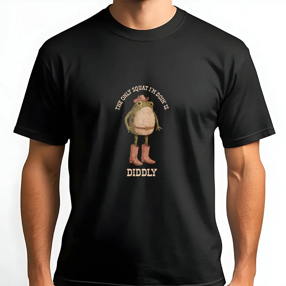 Funny Cowboy Frog T-Shirt | The Only Squat Is Diddly Quote | Soft Graphic Sweatshirt | Sarcastic Western Humor, Lazy Gym Gift