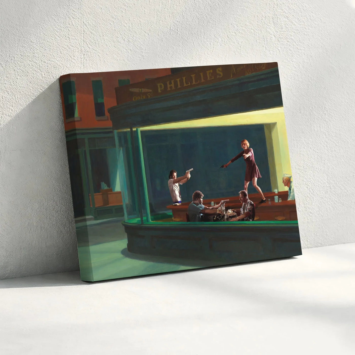 Pulp Fiction Nighthawks Horizontal Canvas | Tarantino Movie Characters in Hopper Diner Art | Premium 1.25" Gallery Canvas | G