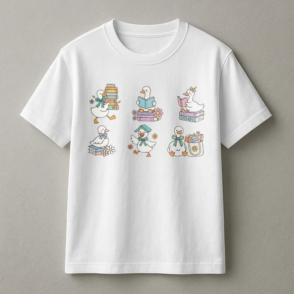 Reading Duck T-Shirt | Cute Bookworm Library Graphic | Soft Cotton Tee | Librarian Teacher Gift for Book Lovers
