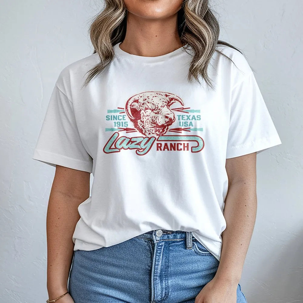 Lazy J Ranch T-Shirt | Vintage Texas Ram Skull Graphic | Soft Cotton Western Wear | Gift for Cowboy or Rancher