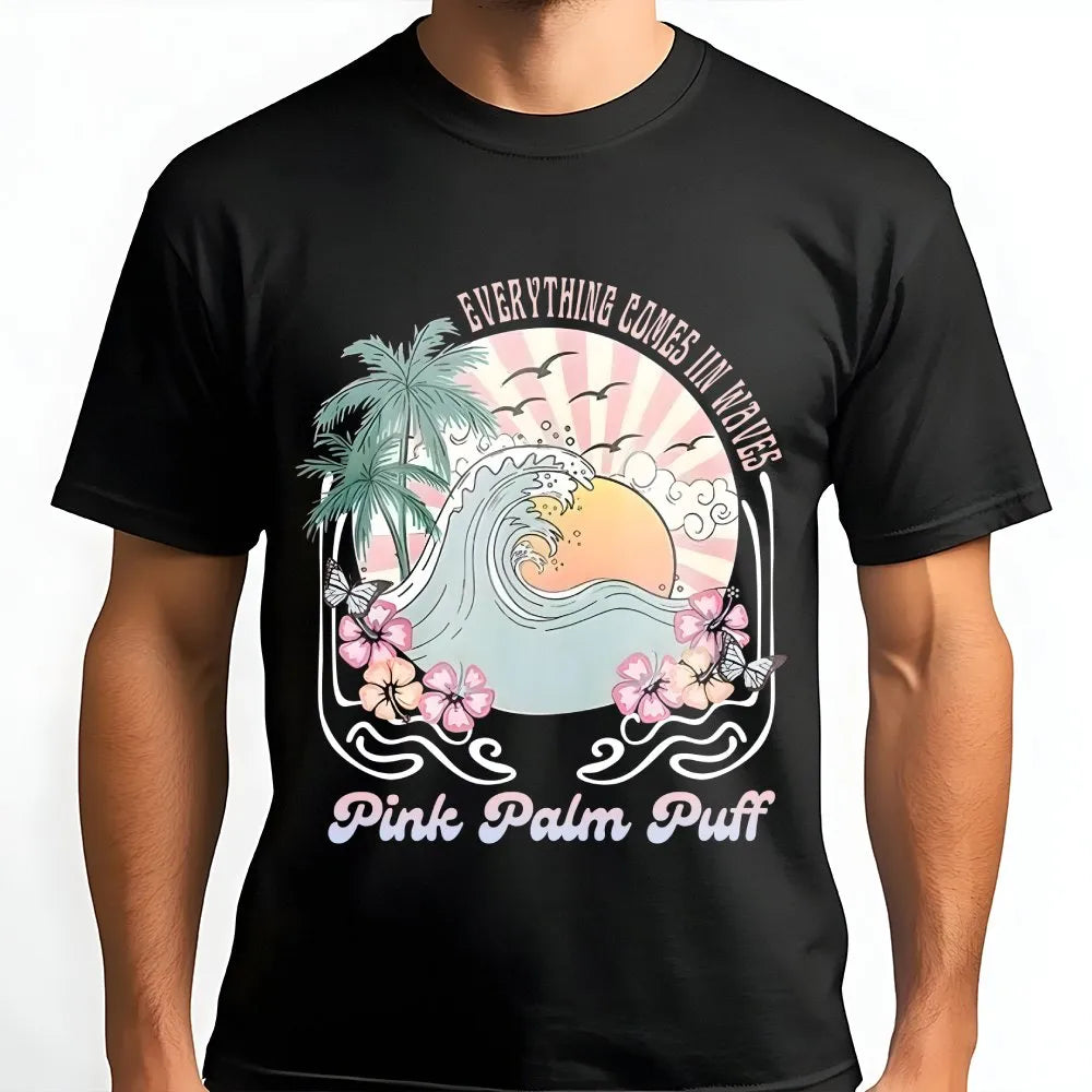 Ocean Wave T-Shirt | Retro Sunset & Palm Tree Graphic | Soft Cotton Blend Sweatshirt | Beach Lover Surfer Gift