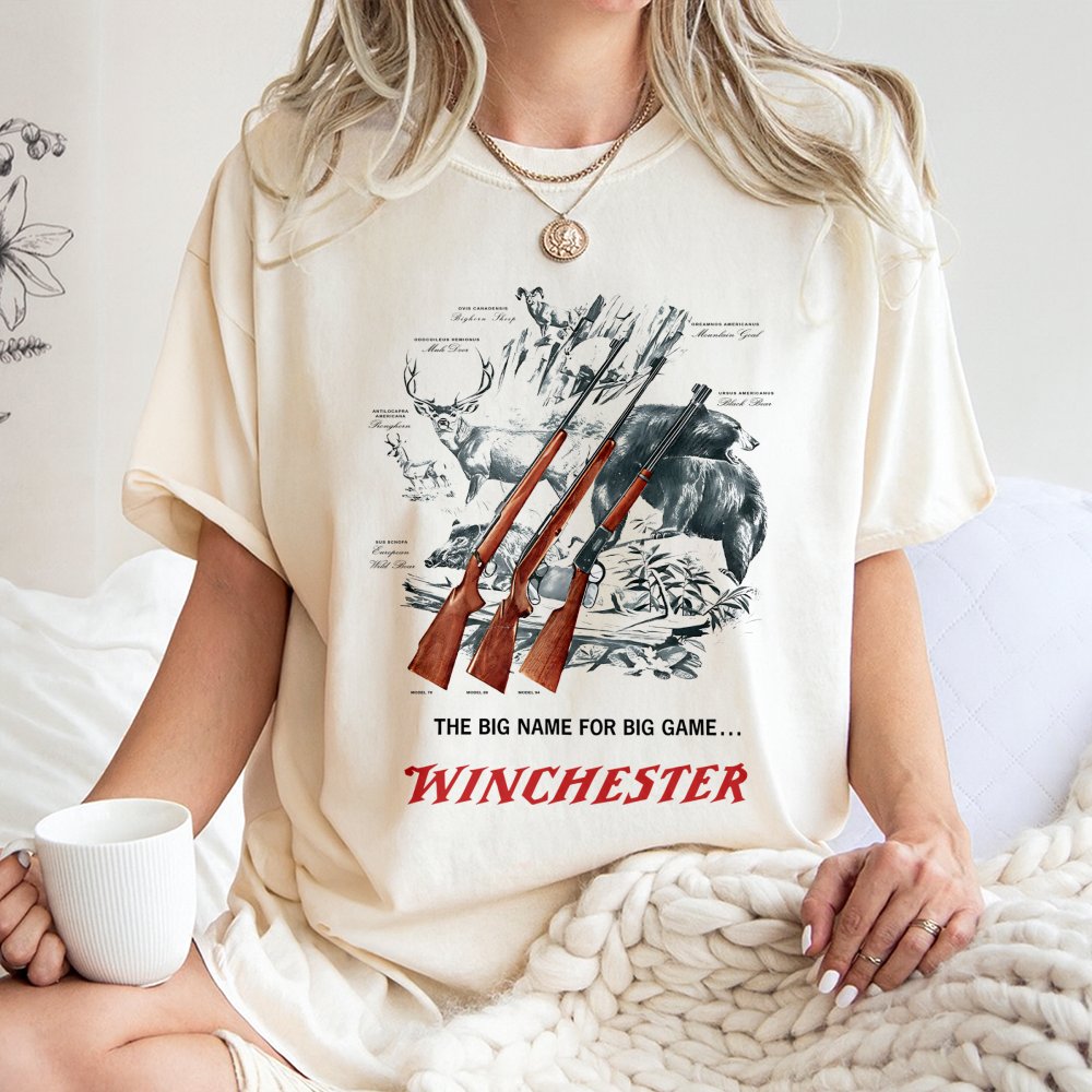 Winchester Big Game T-Shirt | Vintage Wildlife & Rifle Graphic | 100% Cotton Premium Apparel | Outdoor Hunting Gift For Men &