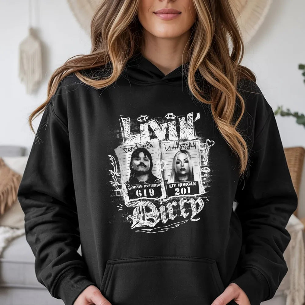 Livin' Dirty Wrestling Hoodie | Dominik Mysterio & Liv Morgan Mugshot Graphic | Premium Cotton Blend Streetwear | Wrestling F