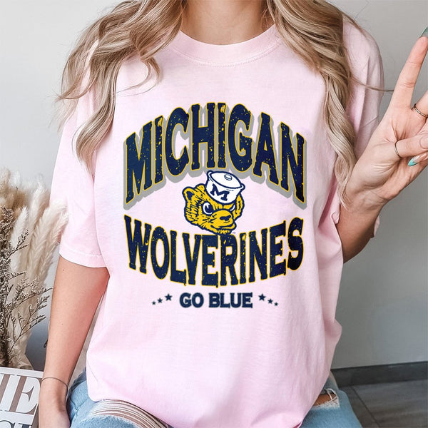 Michigan Wolverines T-Shirt | Vintage Mascot Go Blue Graphic Print | Premium Soft Cotton | College Football Fan Gift For Stud
