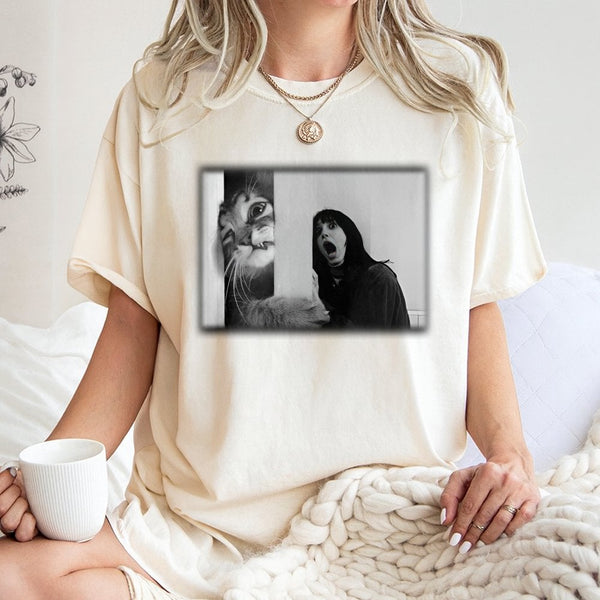 Cat Meme Horror Movie T-Shirt | Funny Parody Graphic Tee | 100% Cotton Premium Comfort | Gift for Cat Lovers and Film Buffs