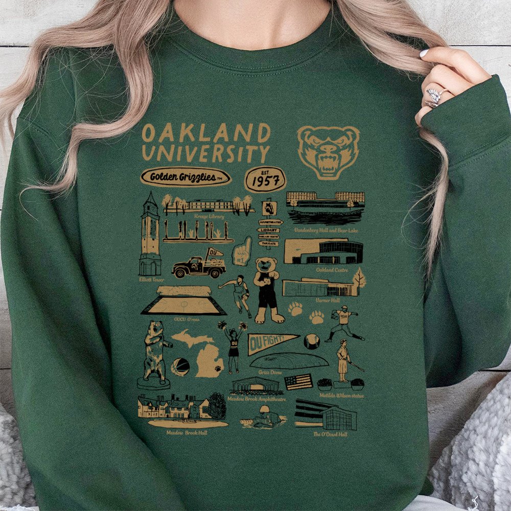 Oakland University Sweatshirt | Golden Grizzlies Campus Landmark Collage | Unisex Cotton Blend Crewneck | College Alumni Gift