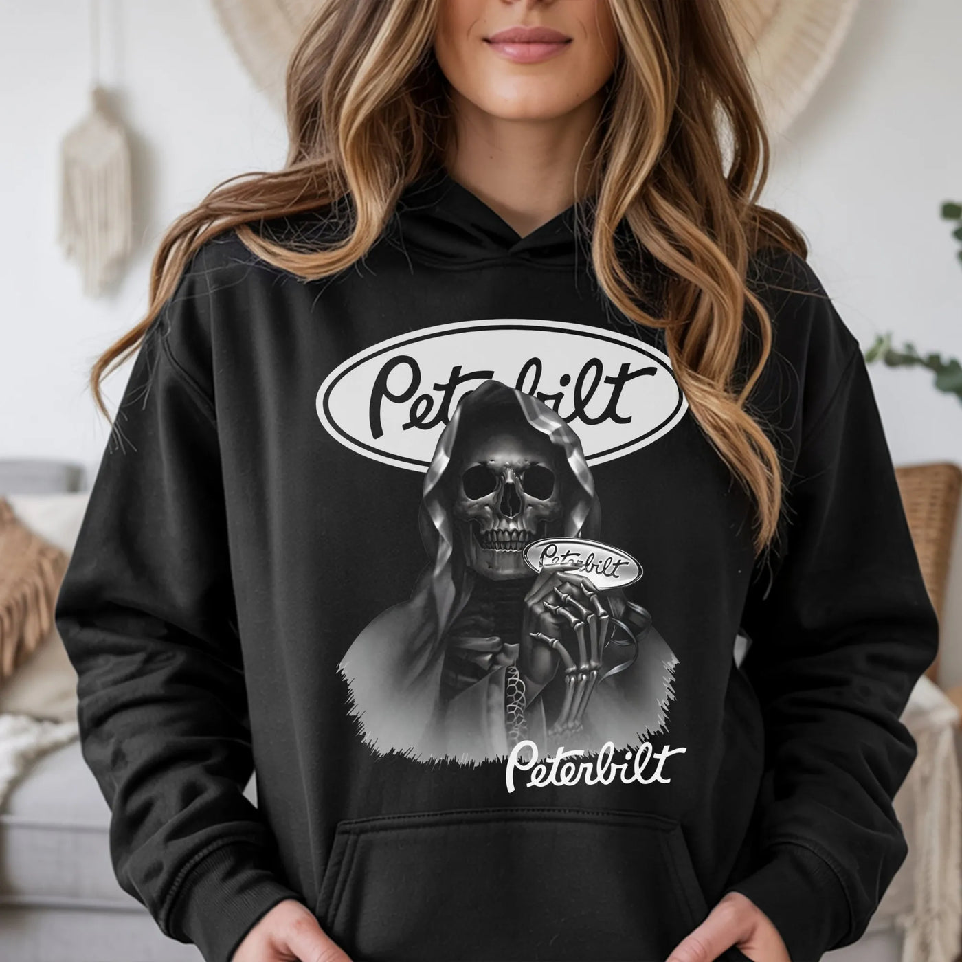 Trucker Hoodie Reaper Skull | Peterbilt Logo Graphic Print | Premium Cotton Blend | Heavy Duty Apparel Gift for Truck Drivers